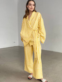 Dámske ležérne žlté pruhované obleky, elegantné nohavice s vysokým pásom a širokými nohavicami, módna dvojdielna súprava s dlhým rukávom a klopou