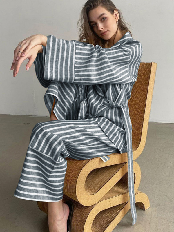 Dámske ležérne žlté pruhované obleky, elegantné nohavice s vysokým pásom a širokými nohavicami, módna dvojdielna súprava s dlhým rukávom a klopou