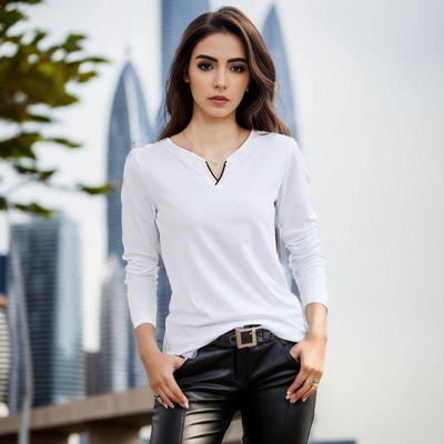 2023 Tricou 100% bumbac cu decolteu în V pentru femei, la modă de toamnă, cu mâneci lungi, tricou de dimensiuni mari, bluză pentru femei, în stil coreean