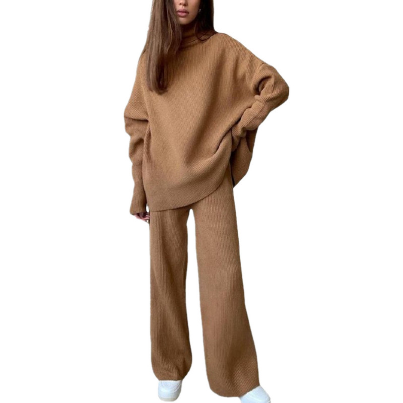 Seturi de pantaloni tricotați pentru femei, toamnă iarnă, ocazional, pulover pentru femei, ținute cu pantaloni 2 piese, top cu mânecă lungă și pantaloni lați