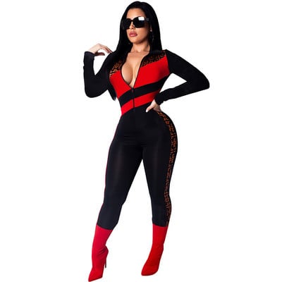 Sexy fermoar cu decolteu în V adânc pentru femei cu mânecă lungă Clubwear Bodycon salopete de petrecere pentru femei Salopetă cu imprimeu Plus Size S-2XL pentru femei