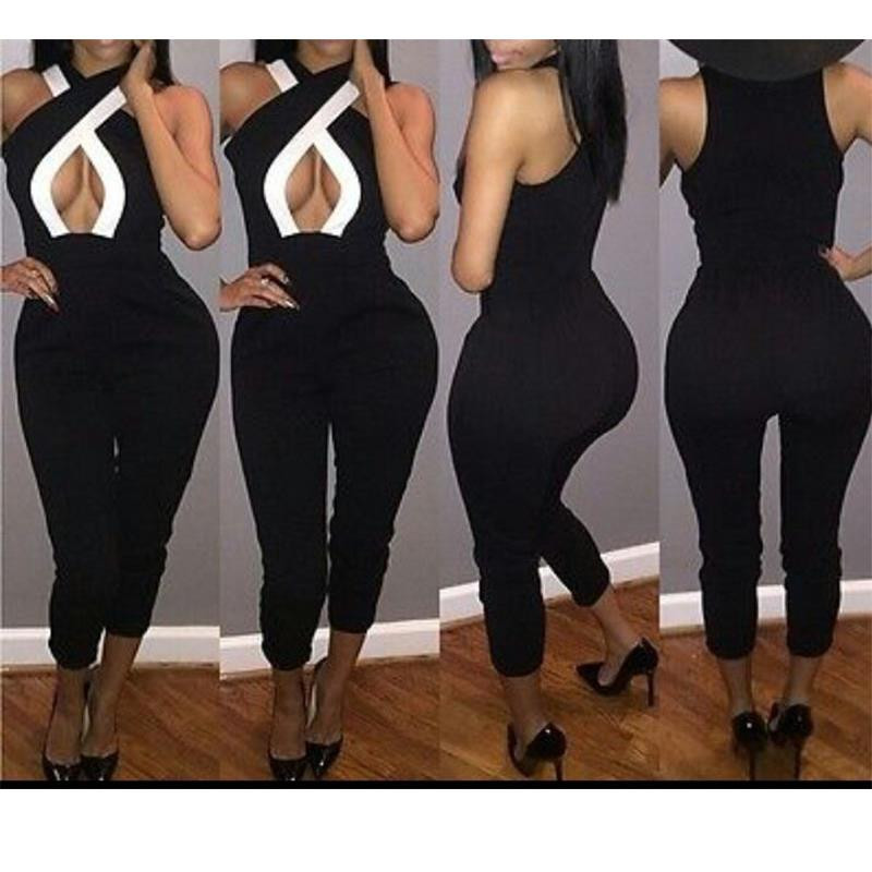 Sexy predný prekrížený dizajn patchwork čierna bavlnená zmes jednodielny overal pravidelnej veľkosti WT18305