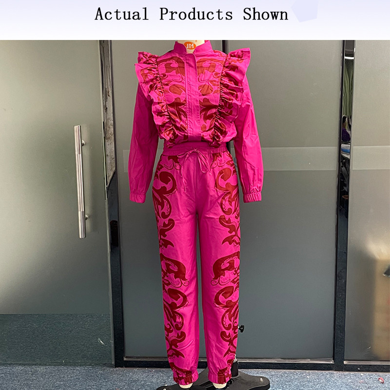 Dámske dvojdielne súpravy Wefads 2023, jesenná móda, kancelárska potlač, dlhé rukávy, zips, top so sťahovacou šnúrkou, šnurovacie nohavice