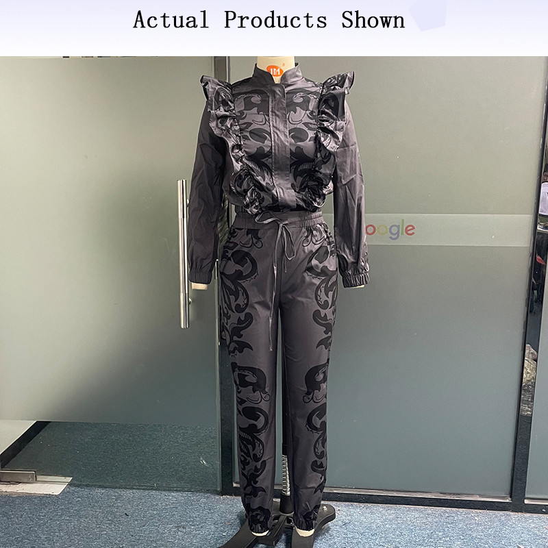 Dámske dvojdielne súpravy Wefads 2023, jesenná móda, kancelárska potlač, dlhé rukávy, zips, top so sťahovacou šnúrkou, šnurovacie nohavice