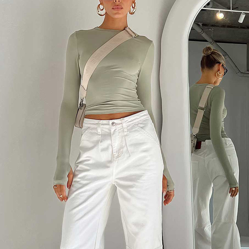 Tricou pentru femei la modă, cu mânecă lungă, cu gâtul turn, crop crop pentru femei, cu găuri pentru degete mari, pentru haine de vară, de zi cu zi