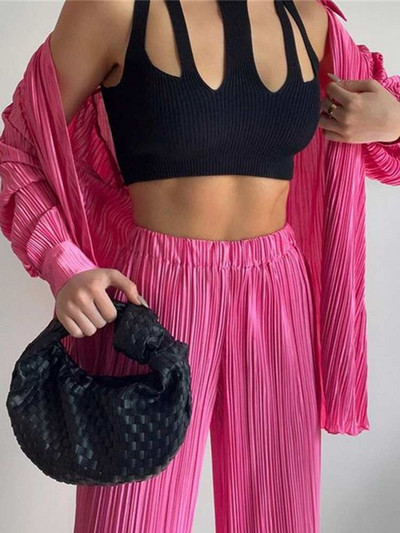 Cămașă de damă ocazională plisată Set două piese verde largi, talie înaltă, pantaloni lați, costum 2023, elegant, birou, ținute pentru femei