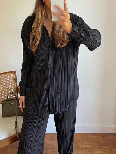 Cămașă de damă ocazională plisată Set două piese verde largi, talie înaltă, pantaloni lați, costum 2023, elegant, birou, ținute pentru femei