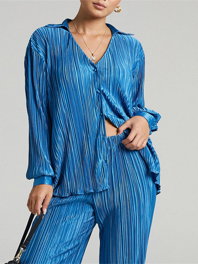 Cămașă de damă ocazională plisată Set două piese verde largi, talie înaltă, pantaloni lați, costum 2023, elegant, birou, ținute pentru femei