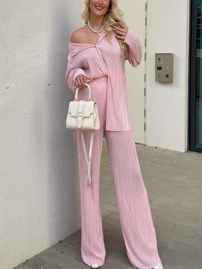 Cămașă de damă ocazională plisată Set două piese verde largi, talie înaltă, pantaloni lați, costum 2023, elegant, birou, ținute pentru femei