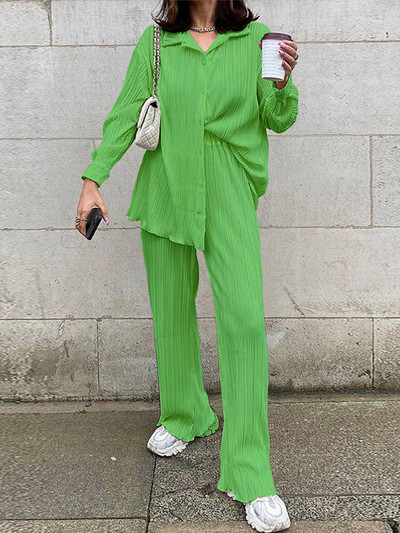 Cămașă de damă ocazională plisată Set două piese verde largi, talie înaltă, pantaloni lați, costum 2023, elegant, birou, ținute pentru femei
