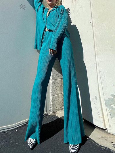 Cămașă de damă ocazională plisată Set două piese verde largi, talie înaltă, pantaloni lați, costum 2023, elegant, birou, ținute pentru femei