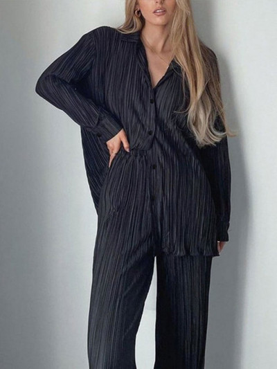 Cămașă de damă ocazională plisată Set două piese verde largi, talie înaltă, pantaloni lați, costum 2023, elegant, birou, ținute pentru femei