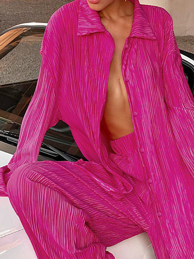 Cămașă de damă ocazională plisată Set două piese verde largi, talie înaltă, pantaloni lați, costum 2023, elegant, birou, ținute pentru femei