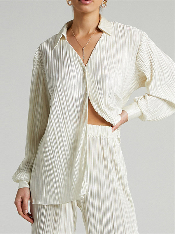 Cămașă de damă ocazională plisată Set două piese verde largi, talie înaltă, pantaloni lați, costum 2023, elegant, birou, ținute pentru femei