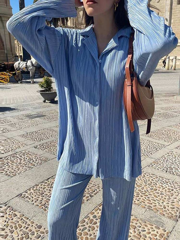 Cămașă de damă ocazională plisată Set două piese verde largi, talie înaltă, pantaloni lați, costum 2023, elegant, birou, ținute pentru femei