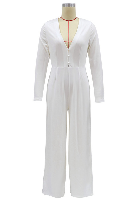 ŠTÝLOVÉ DÁMSKE Elegantné Overaly a Rompery OL 2021 Jar Jeseň Dámske Dlhý Rukáv Hlboký Výstrih V Biele Priliehavé Overaly Na Gombíkoch