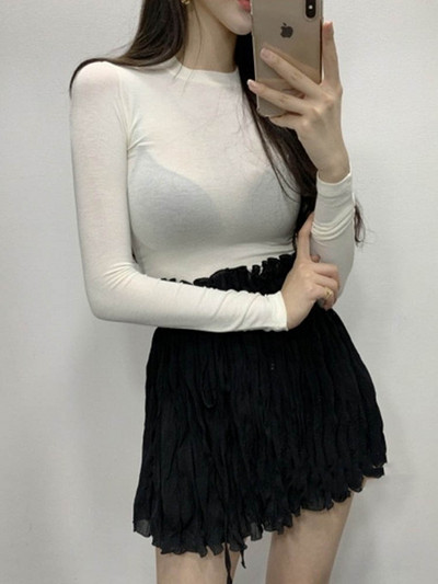 Dámske tenké bavlnené tričko s dlhým rukávom, kórejské štýlové tenké elastické dámske oblečenie, jarné dámske tričká