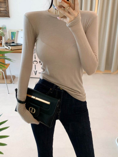 Dámske tenké bavlnené tričko s dlhým rukávom, kórejské štýlové tenké elastické dámske oblečenie, jarné dámske tričká