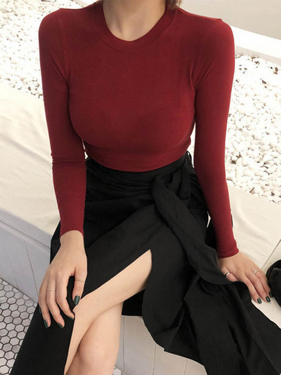 Dámske tenké bavlnené tričko s dlhým rukávom, kórejské štýlové tenké elastické dámske oblečenie, jarné dámske tričká