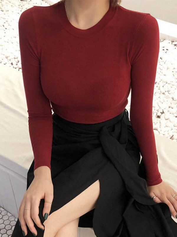 Dámske tenké bavlnené tričko s dlhým rukávom, kórejské štýlové tenké elastické dámske oblečenie, jarné dámske tričká