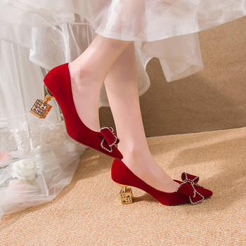 Rimocy Red Sweet Bowtie Strange Style Pumps Women Slip-On Crystal High Heels Shoes Woman Flock Елегантни булчински обувки с остри пръсти