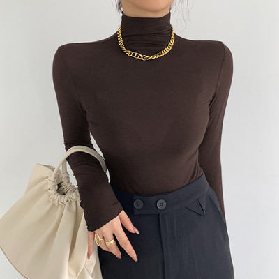 Nova modalna jesensko-zimska ženska osnovna košulja s visokim ovratnikom 2023. Ležerna jednobojna uska rastezljiva majica dugih rukava Ženske modne majice