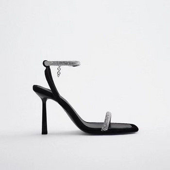 Обувки на ток за танцуващи жени Нови пролетни сандали на висок ток Сандал с каишки от кристали Дамски черни парти високи токчета Стилет