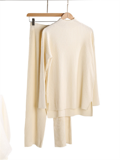 Rudens žiema 2 dalių moteriški rinkiniai megzti sportinio kostiumo megztiniai ir tiesūs bėgimo kelnių kostiumai