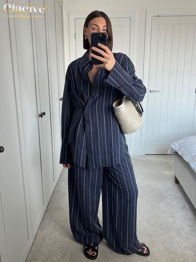 Dámsky dvojdielny set Clacive s potlačou módnych pruhov 2023, elegantná a šik blúzka s dlhým rukávom, ladiace nohavice s vysokým pásom a širokými nohavicami