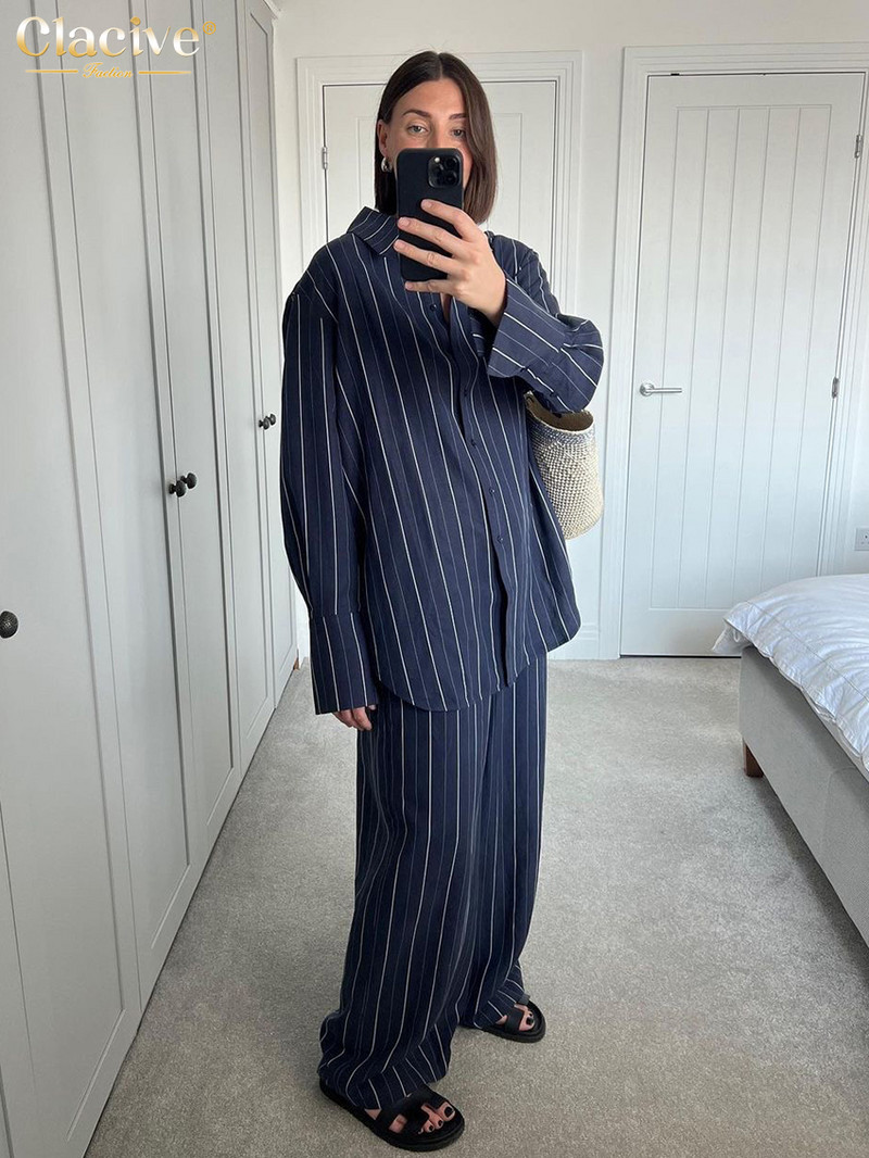 Dámsky dvojdielny set Clacive s potlačou módnych pruhov 2023, elegantná a šik blúzka s dlhým rukávom, ladiace nohavice s vysokým pásom a širokými nohavicami