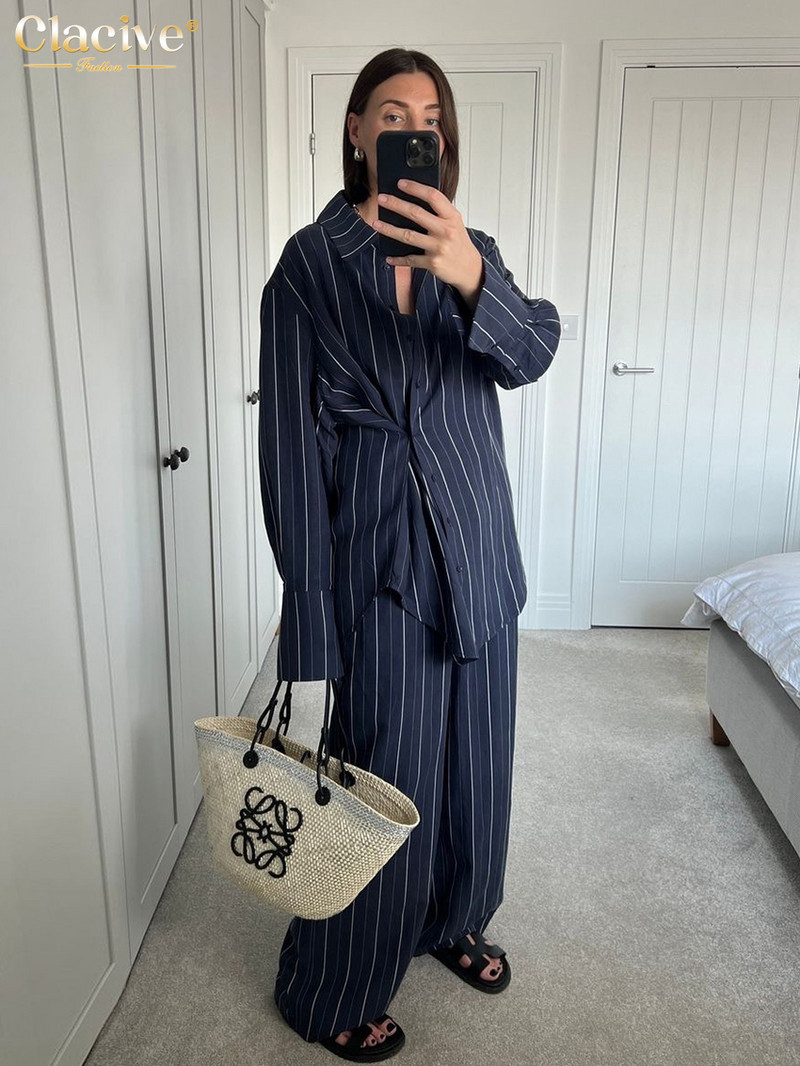 Dámsky dvojdielny set Clacive s potlačou módnych pruhov 2023, elegantná a šik blúzka s dlhým rukávom, ladiace nohavice s vysokým pásom a širokými nohavicami