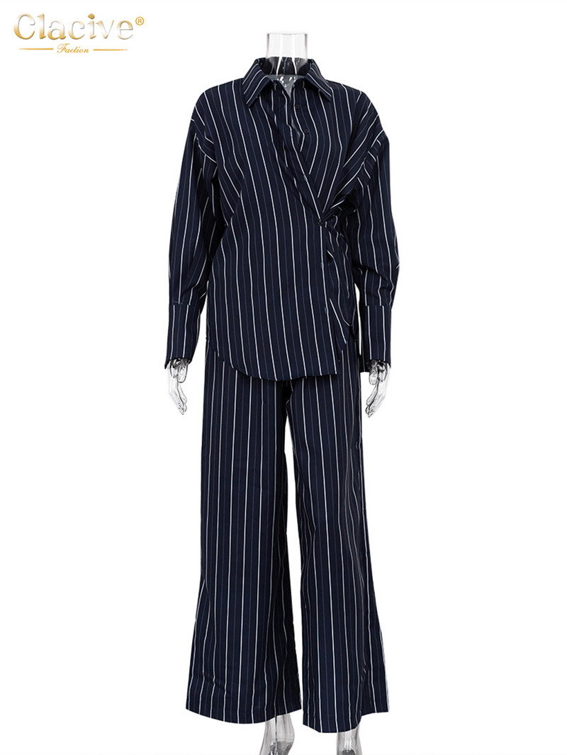 Dámsky dvojdielny set Clacive s potlačou módnych pruhov 2023, elegantná a šik blúzka s dlhým rukávom, ladiace nohavice s vysokým pásom a širokými nohavicami