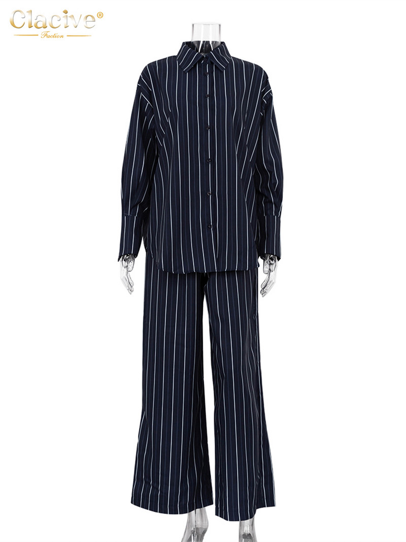Dámsky dvojdielny set Clacive s potlačou módnych pruhov 2023, elegantná a šik blúzka s dlhým rukávom, ladiace nohavice s vysokým pásom a širokými nohavicami