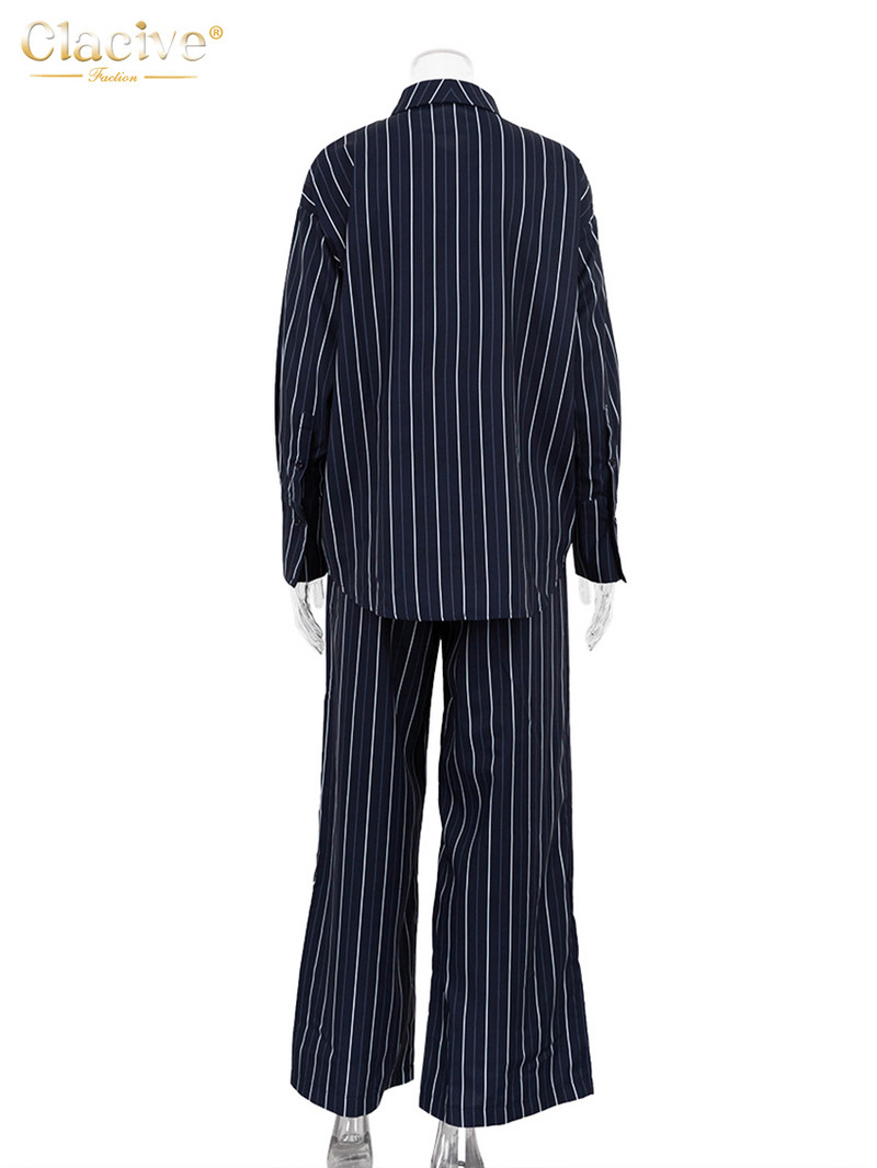 Dámsky dvojdielny set Clacive s potlačou módnych pruhov 2023, elegantná a šik blúzka s dlhým rukávom, ladiace nohavice s vysokým pásom a širokými nohavicami