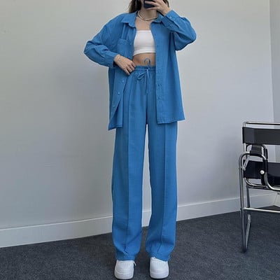 Jesenný set blúzky a nohavíc pre ženy vo veľkých veľkostiach 2023, ležérny voľný dvojdielny set topu a nohavíc, dámsky oblek, košeľa a nohavice