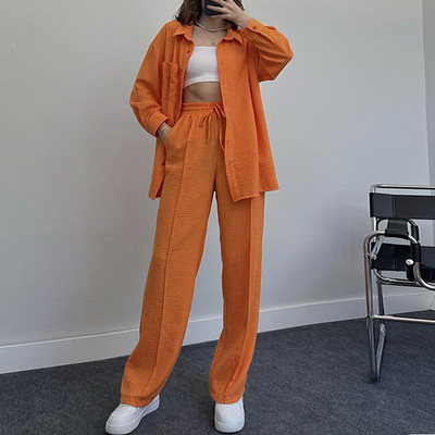 Jesenný set blúzky a nohavíc pre ženy vo veľkých veľkostiach 2023, ležérny voľný dvojdielny set topu a nohavíc, dámsky oblek, košeľa a nohavice