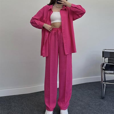 Jesenný set blúzky a nohavíc pre ženy vo veľkých veľkostiach 2023, ležérny voľný dvojdielny set topu a nohavíc, dámsky oblek, košeľa a nohavice