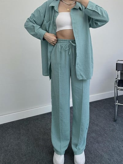 Jesenný set blúzky a nohavíc pre ženy vo veľkých veľkostiach 2023, ležérny voľný dvojdielny set topu a nohavíc, dámsky oblek, košeľa a nohavice