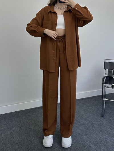 Jesenný set blúzky a nohavíc pre ženy vo veľkých veľkostiach 2023, ležérny voľný dvojdielny set topu a nohavíc, dámsky oblek, košeľa a nohavice