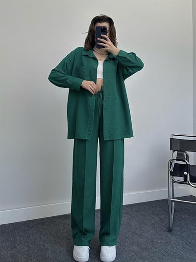 Jesenný set blúzky a nohavíc pre ženy vo veľkých veľkostiach 2023, ležérny voľný dvojdielny set topu a nohavíc, dámsky oblek, košeľa a nohavice