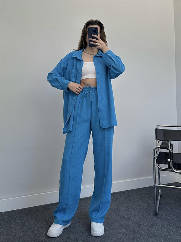 Jesenný set blúzky a nohavíc pre ženy vo veľkých veľkostiach 2023, ležérny voľný dvojdielny set topu a nohavíc, dámsky oblek, košeľa a nohavice