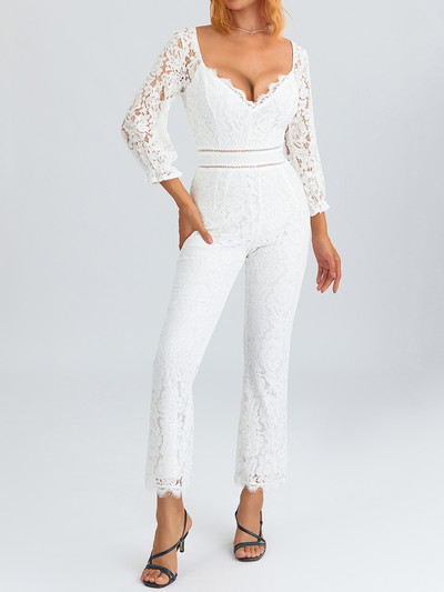 Novi elegantni ženski kombinezon širokih nogavica, jednobojni kombinezon s V izrezom i cvjetnim čipkama, odjeća za noćne klubove Ulična odjeća Vruće rasprodaje S-XL