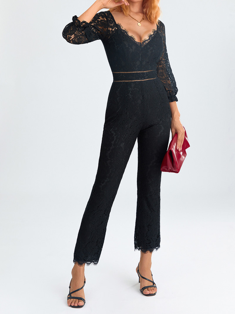 Novi elegantni ženski kombinezon širokih nogavica, jednobojni kombinezon s V izrezom i cvjetnim čipkama, odjeća za noćne klubove Ulična odjeća Vruće rasprodaje S-XL