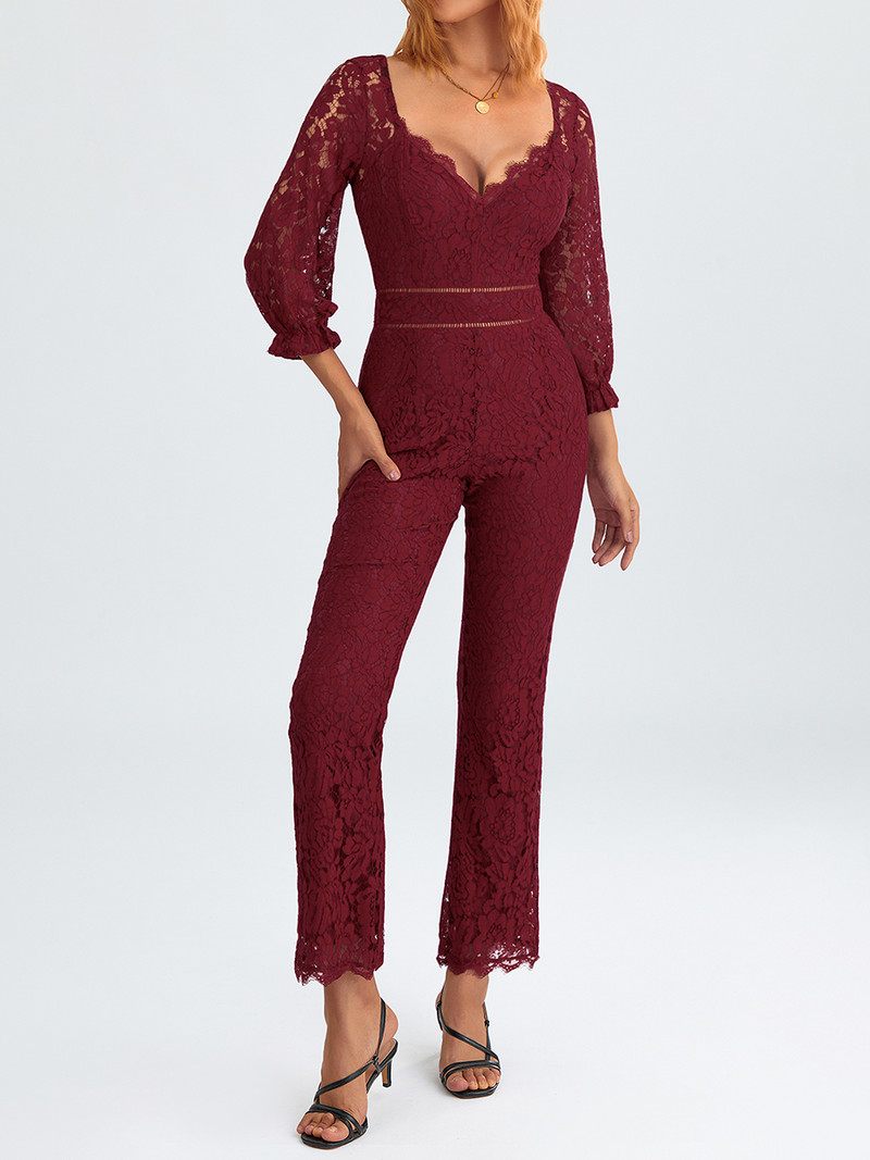 Novi elegantni ženski kombinezon širokih nogavica, jednobojni kombinezon s V izrezom i cvjetnim čipkama, odjeća za noćne klubove Ulična odjeća Vruće rasprodaje S-XL