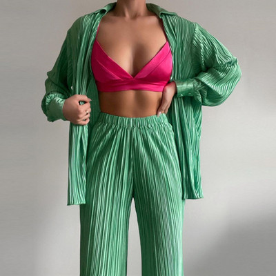 Ženska košulja Odijela Plisirani ženski kardigan s jednim kopčanjem Dvodijelne široke košulje i kompleti hlača visokog struka širokih nogavica