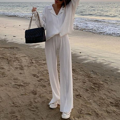 Ženska košulja Odijela Plisirani ženski kardigan s jednim kopčanjem Dvodijelne široke košulje i kompleti hlača visokog struka širokih nogavica