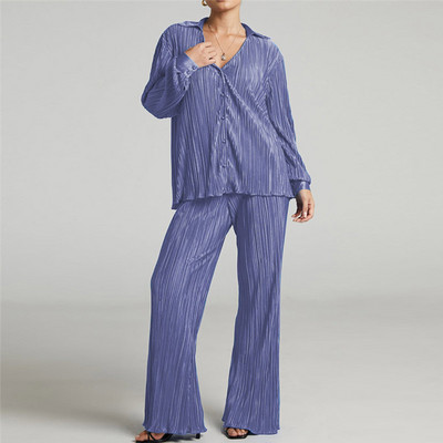 Ženska košulja Odijela Plisirani ženski kardigan s jednim kopčanjem Dvodijelne široke košulje i kompleti hlača visokog struka širokih nogavica