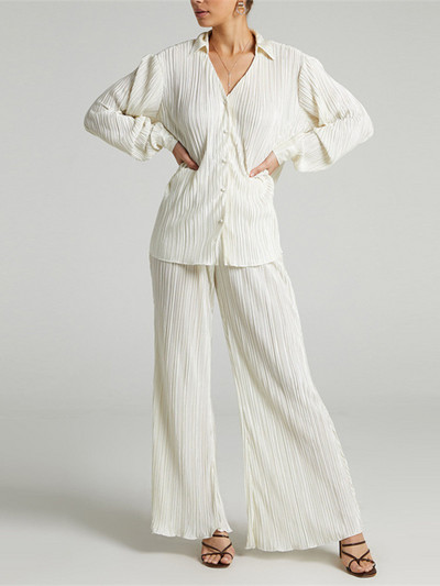 Ženska košulja Odijela Plisirani ženski kardigan s jednim kopčanjem Dvodijelne široke košulje i kompleti hlača visokog struka širokih nogavica