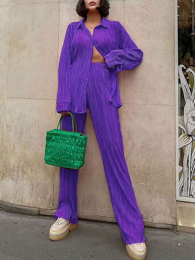 Ženska košulja Odijela Plisirani ženski kardigan s jednim kopčanjem Dvodijelne široke košulje i kompleti hlača visokog struka širokih nogavica