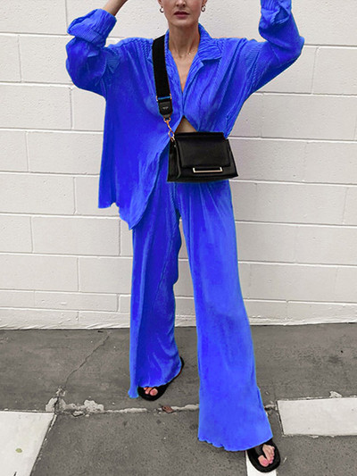 Ženska košulja Odijela Plisirani ženski kardigan s jednim kopčanjem Dvodijelne široke košulje i kompleti hlača visokog struka širokih nogavica